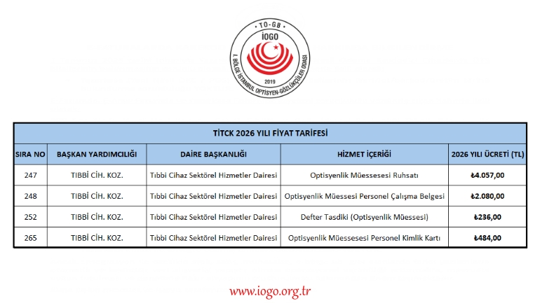 TİTCK 2026 Yılı Fiyat Tarifesi