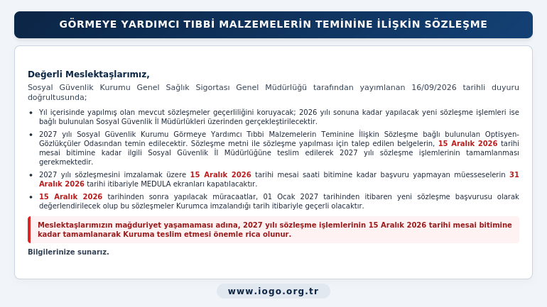 Görmeye Yardımcı Tıbbi Malzemelerin Teminine İlişkin Sözleşme